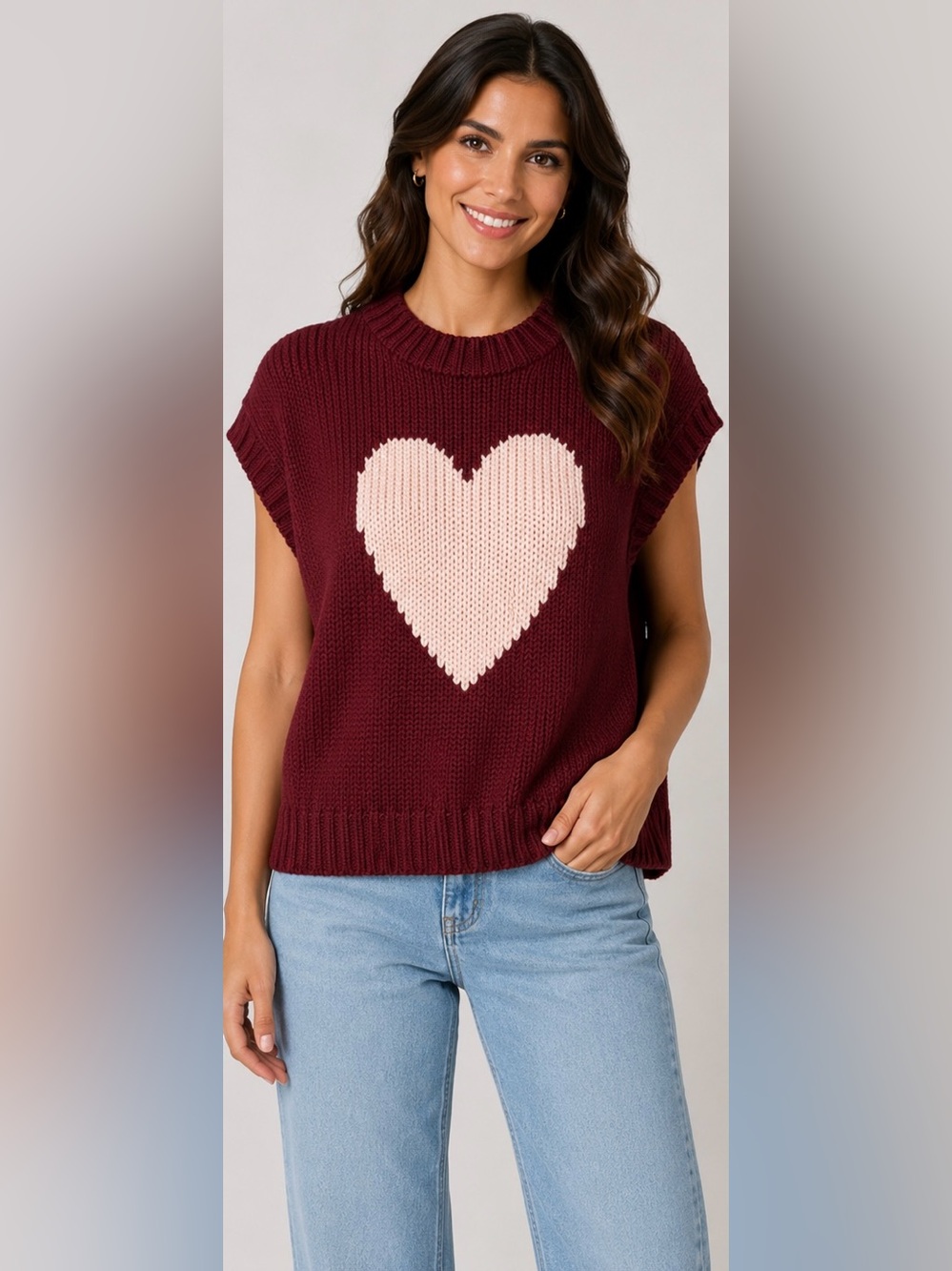 NWT Burgundy Heart Knit Sweater Vest | 100% Cotton Cozy Oversized